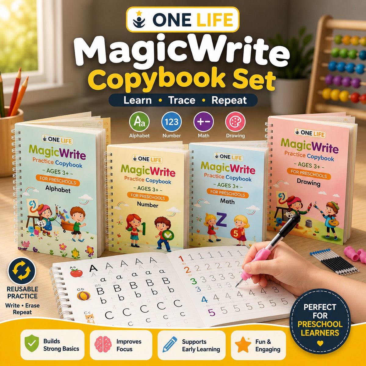 ✏️🪄 Magic Practice Copybook for Kids – 4-in-1 Reusable Set (Alphabet · Numbers · Math · Drawing) 📚✨