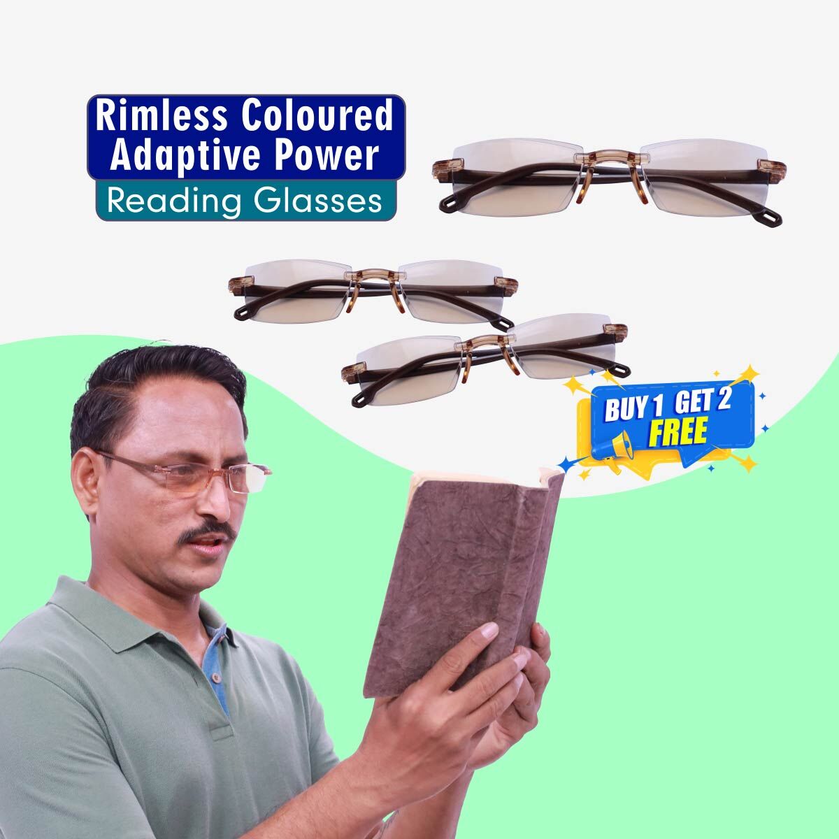 Rimless Adaptive Power Coloured Reading Glasses 1CORG