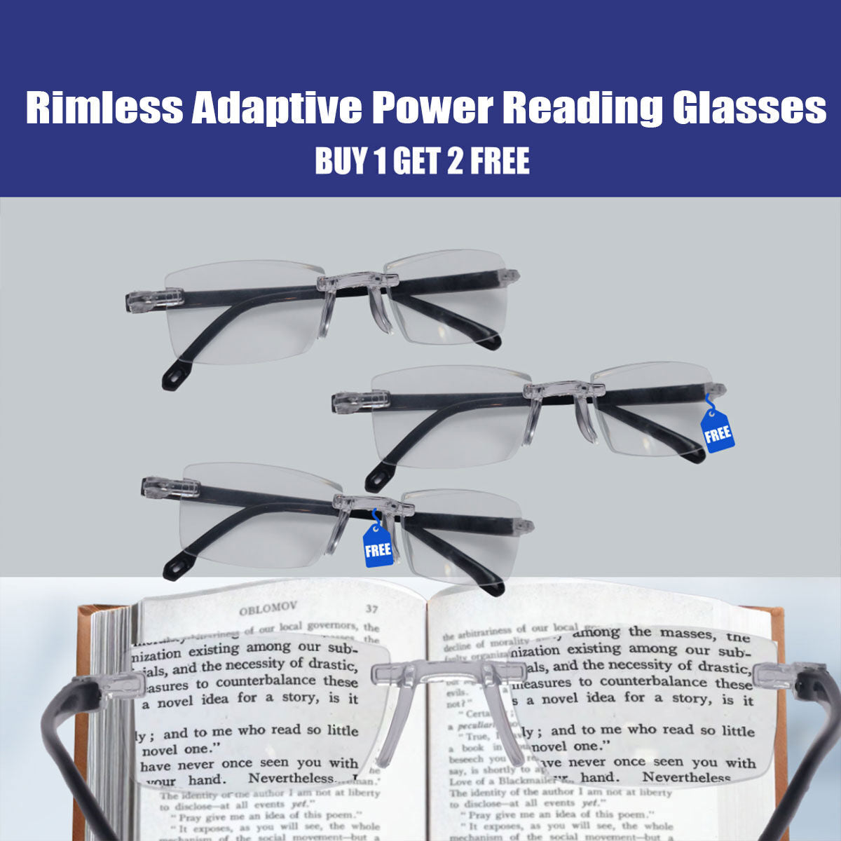 Rimless Adaptive Power Reading Glasses B1 G2 Free 3RG1