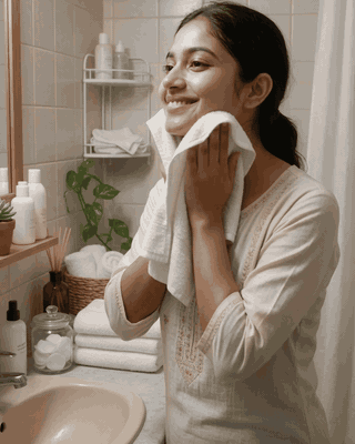 Washed off, face patted dry